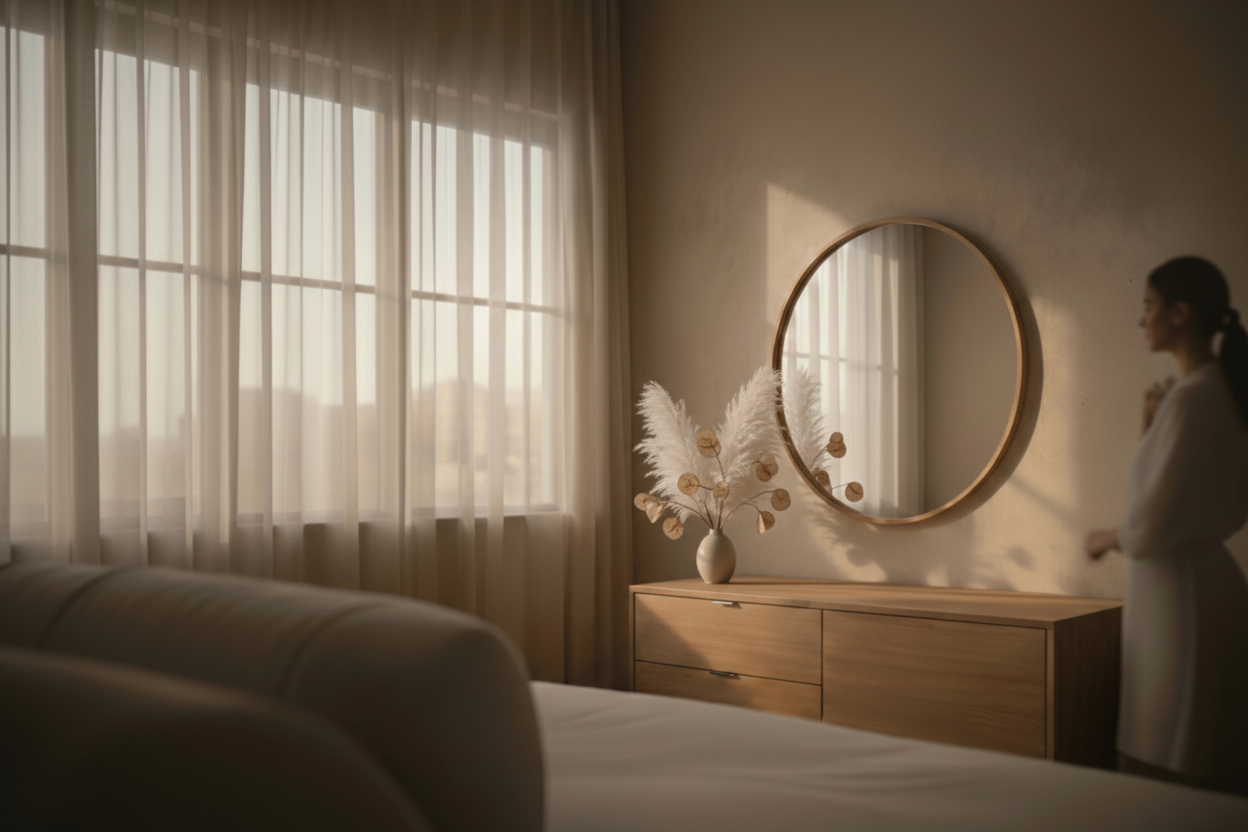 Rituale serale SleepFix™ in ambiente domestico con luce calda e atmosfera silenziosa